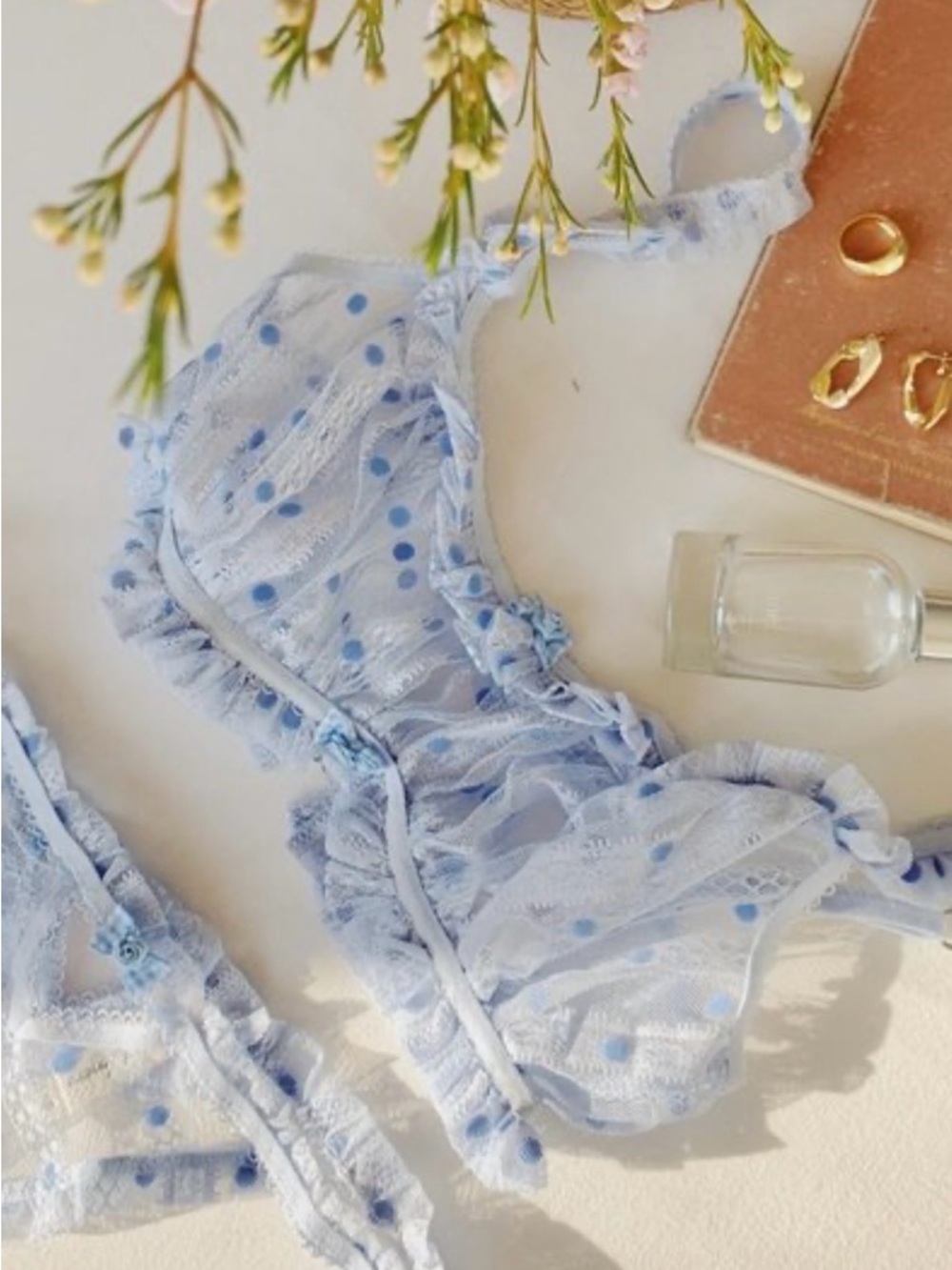 For Love & Lemons Blue Polka Dot Harper 2020 Ruffle Bra - Picture 7 of 7